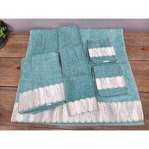 Vintage Towels Green With Cottage Lace Edge Farmhouse Country Set Of 6